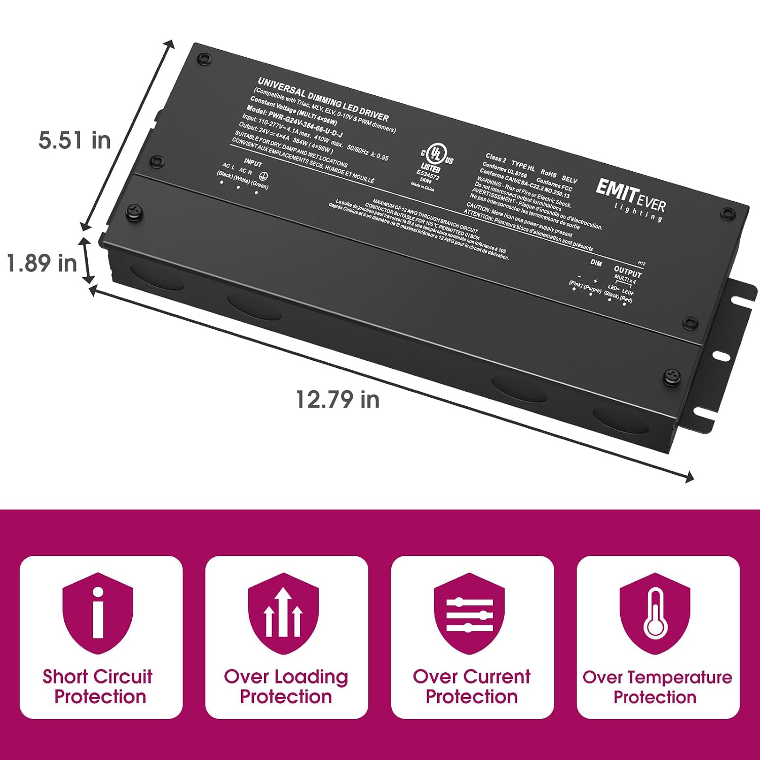 EMITEVER 384W Dimmable LED Driver, 24V 5-in-1 Dimmable Power Supply,4-Channels AC to DC Transformer for LED Light, Compatible with Lutron and Leviton Dimmer, Waterproof IP67 and UL Listed, Class 2