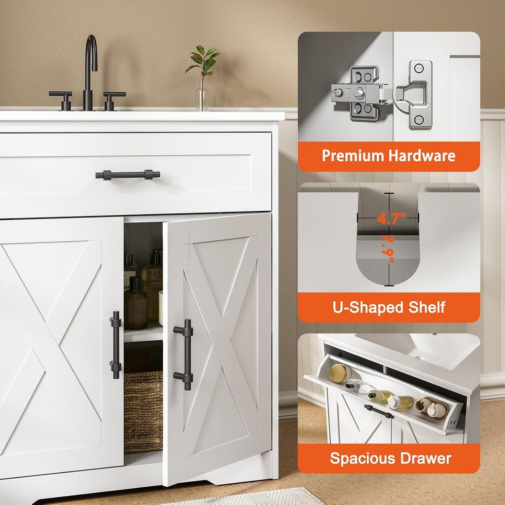 Amada 30″ Bathroom Vanity with Ceramic Sink, Farmhouse Undermount Vanity Sink Cabinet with 2 Doors and 1 Drawer, Free Standing Bathroom Cabinet with Sink Combo Set, White