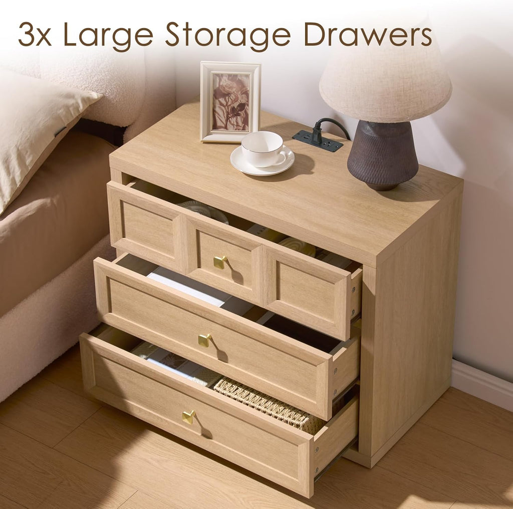 3-Piece Bedroom Set, 5 Drawer Tall Dresser and 3 Drawer King Size Nightstands Set of 2 with Charging Station, 3 Piece Farmhouse Wood Bedroom Dresser and Nightstand Sets, Natural