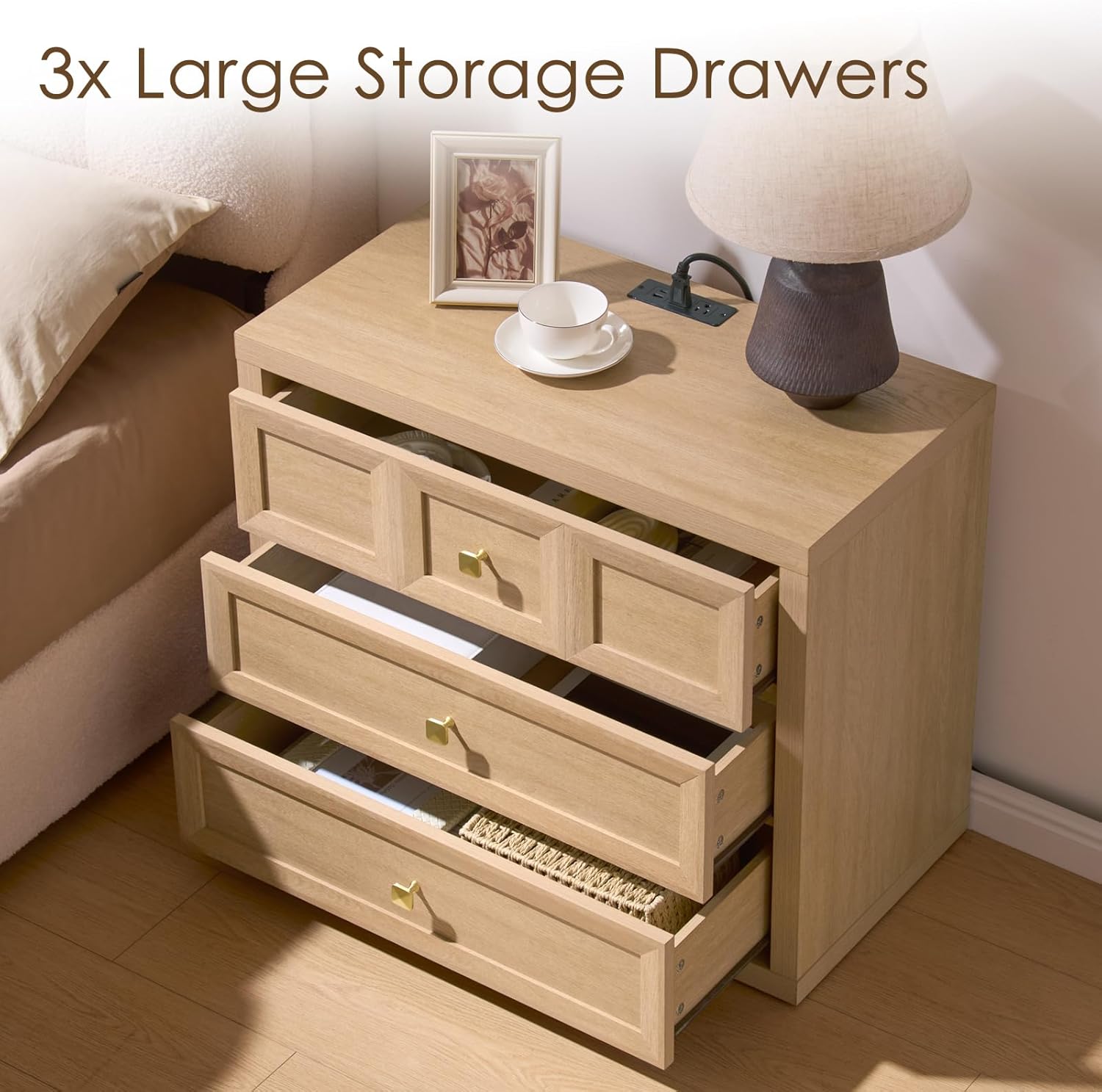 3-Piece Bedroom Set, 5 Drawer Tall Dresser and 3 Drawer King Size Nightstands Set of 2 with Charging Station, 3 Piece Farmhouse Wood Bedroom Dresser and Nightstand Sets, Natural