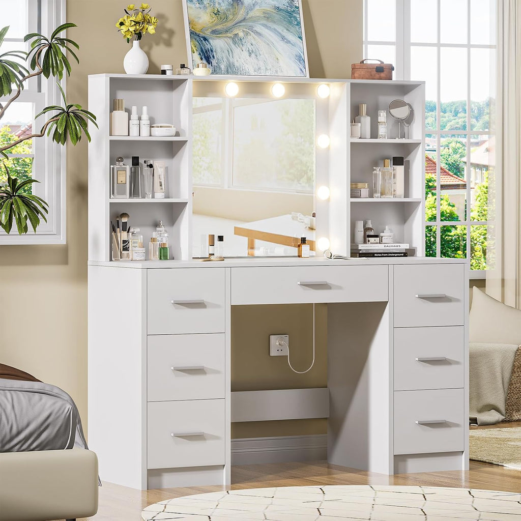 DINGIPP Makeup Vanity Desk with Mirror,10 Lights and Power Strip,Large Makeup Vanity with Shelves and 7 Drawers, Vanity Desk Dressing Table with 3 Color Adjustable Light,Vanity Table (White)