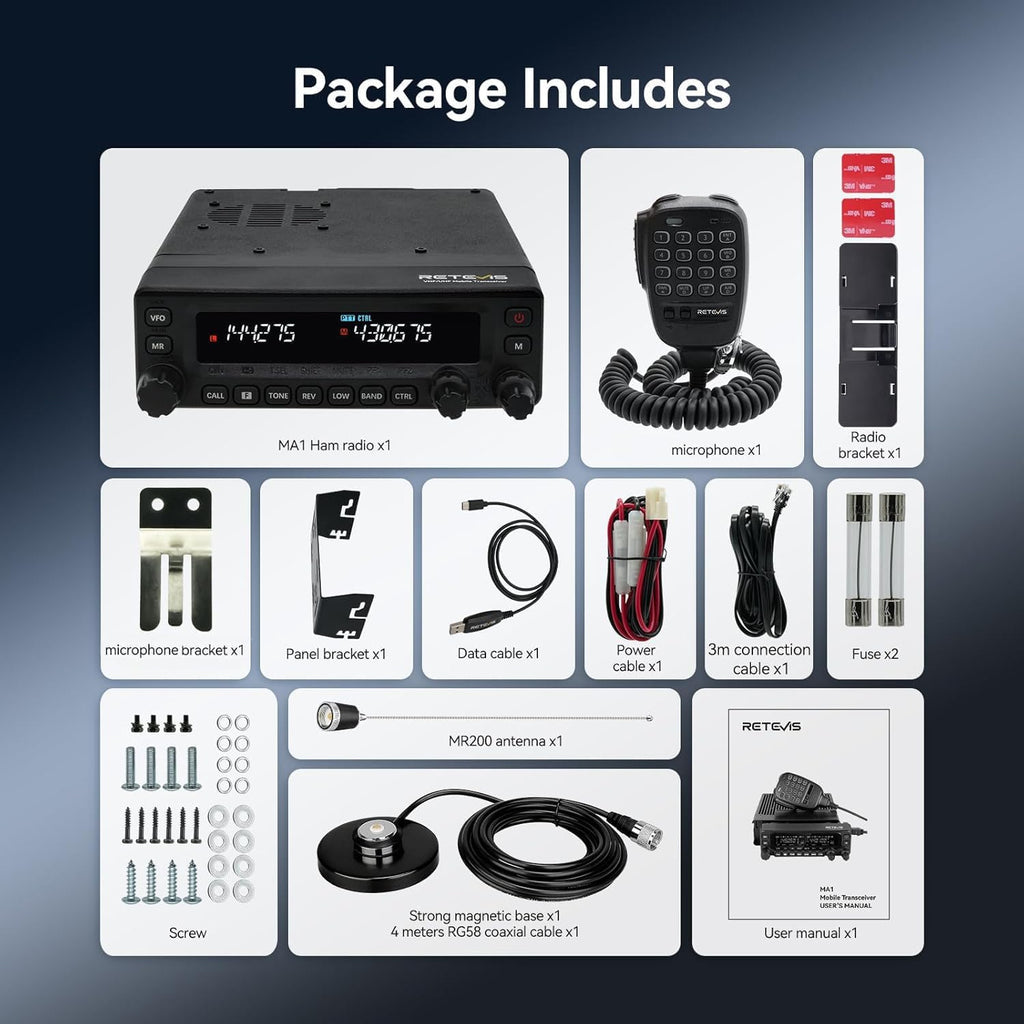 Retevis MA1 Dual Band Mobile Ham Radio|Cross-Band Repeater 2-in-1 Transceiver|Superheterodyne Receiver |2m/70cm/Air Band Reception| Detachable Control Panel | Long Range Base Station with Antenna