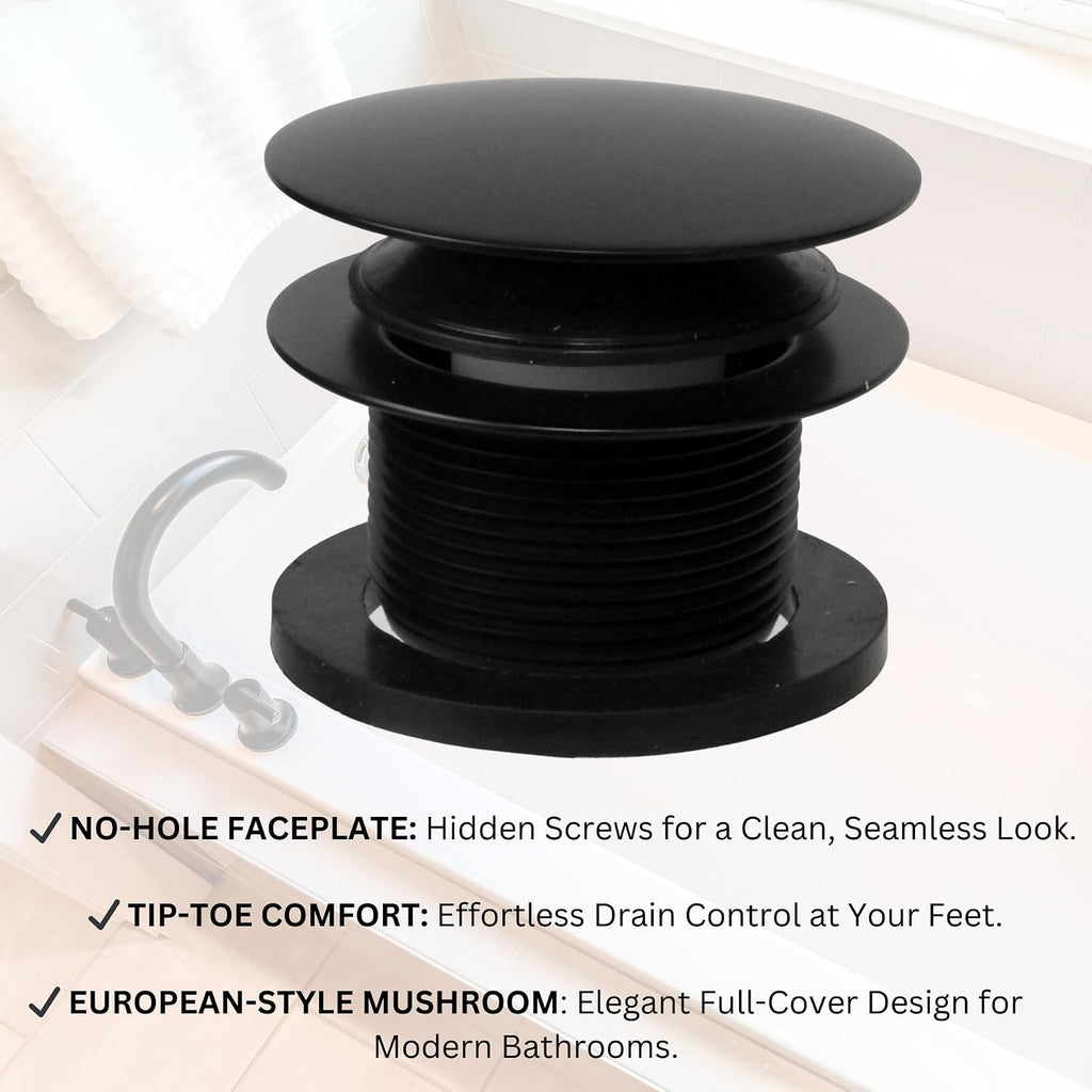 Westbrass D398RK-50-62 1-1/2' NPSM Coarse Thread Mushroom Tip-Toe Bathtub Drain Stopper with Illusionary Overflow Faceplate, Matte Black (50-Pack)