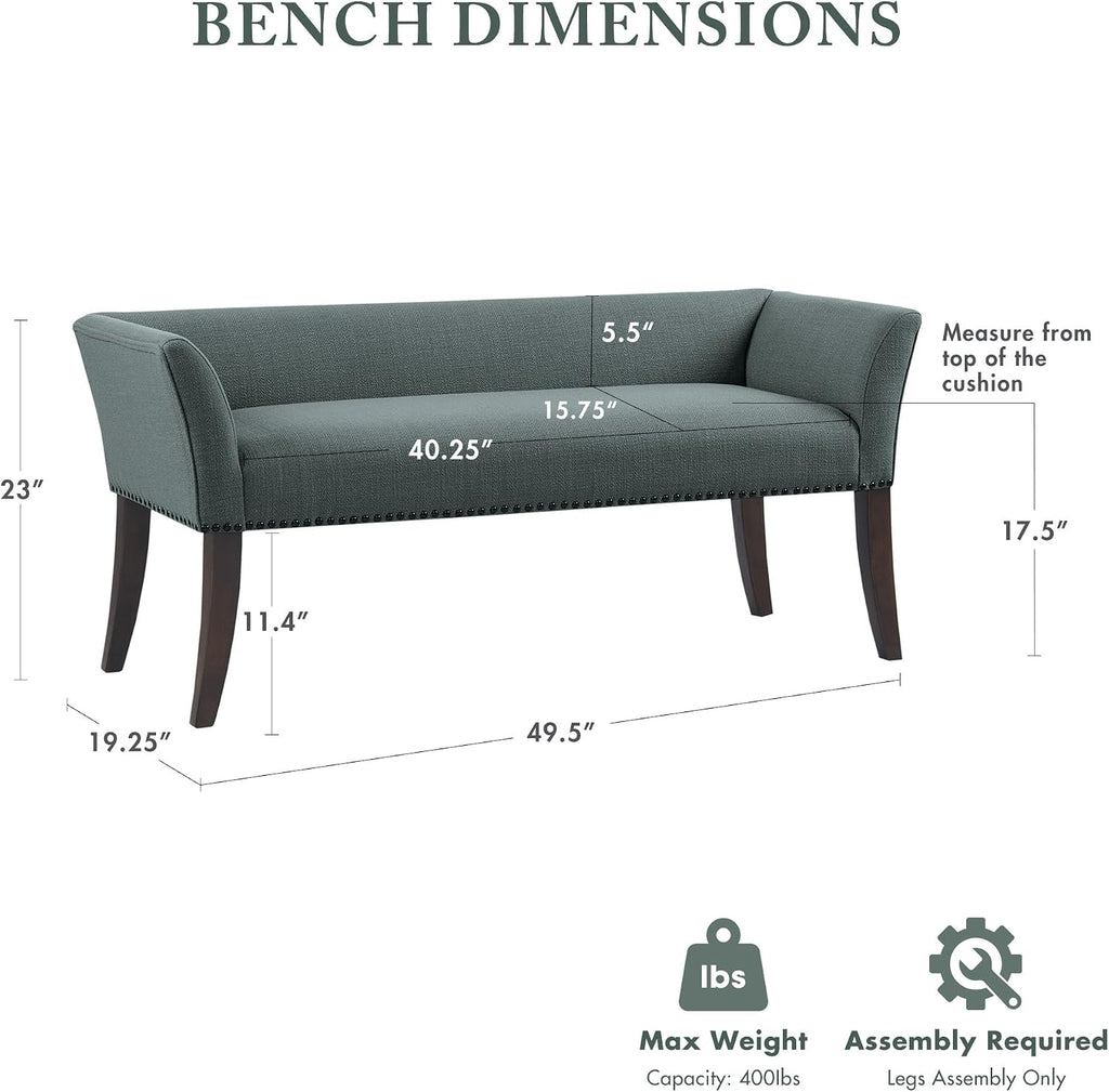 Madison Park Accent Bench, Upholstered with Nailhead Trim, & Padded Seat Entryway Bench Small, End of Bed Bench with Back, 49.5' W x 19.25' D x 23' H, Slate Blue