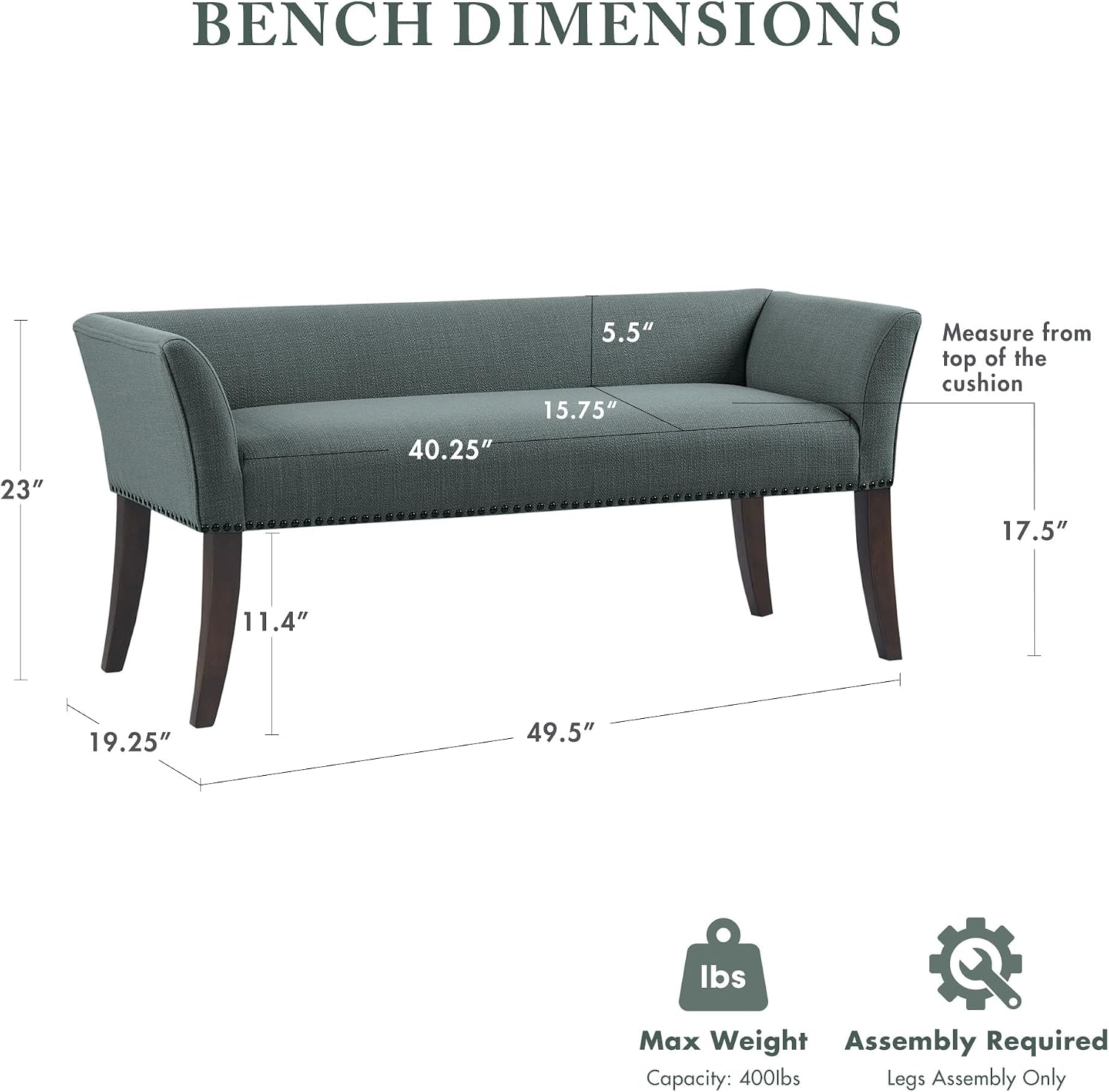 Madison Park Accent Bench, Upholstered with Nailhead Trim, & Padded Seat Entryway Bench Small, End of Bed Bench with Back, 49.5' W x 19.25' D x 23' H, Slate Blue