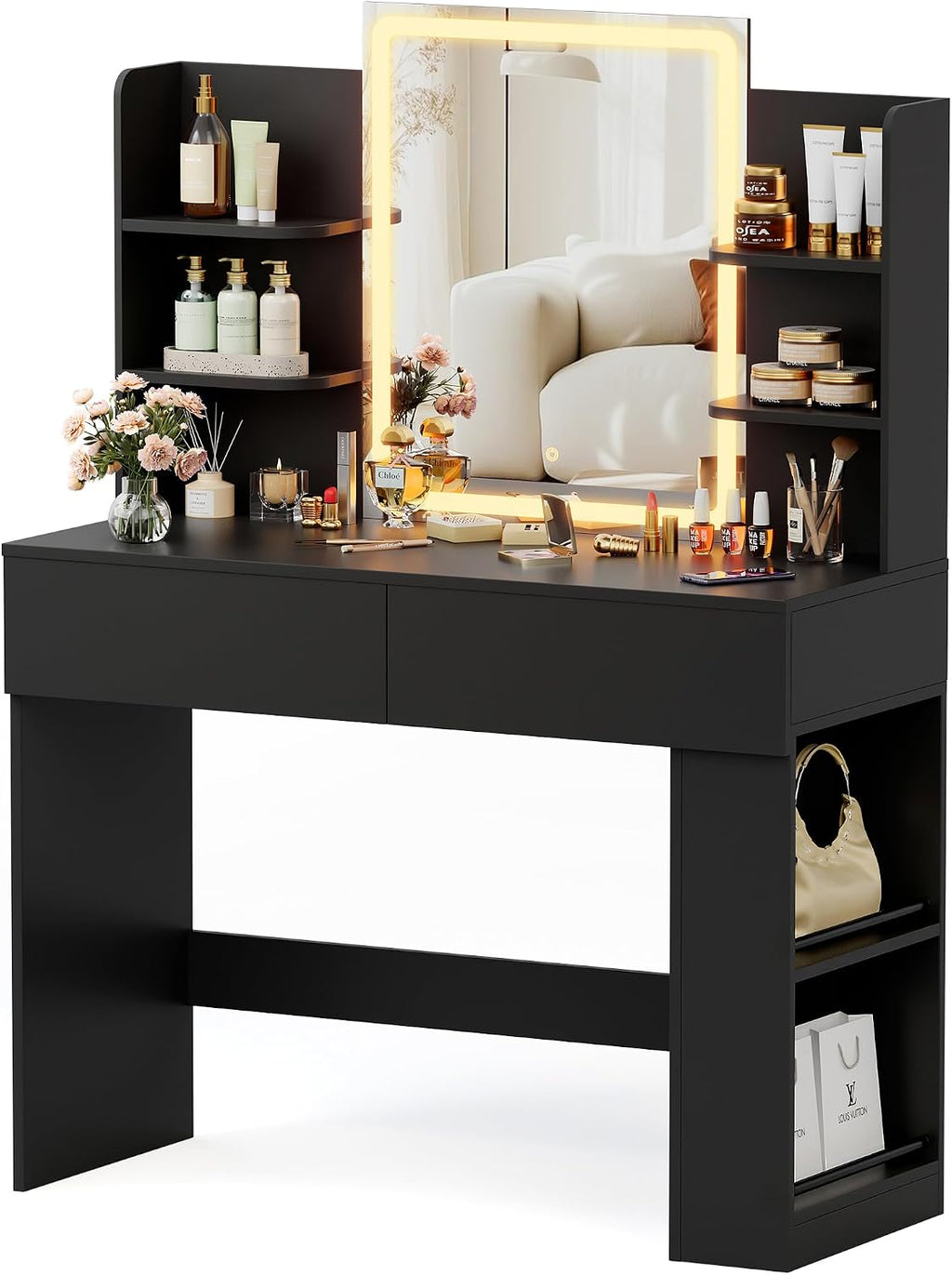 YESHOMY 35.4' Vanity Desk with LED Mirror and Lights,Makeup Vanity with 2 Storgae Drawers, 2 Side Shelves, and Open Storage Shelves, 3 Color Modes, for Bedroom, Classic Black