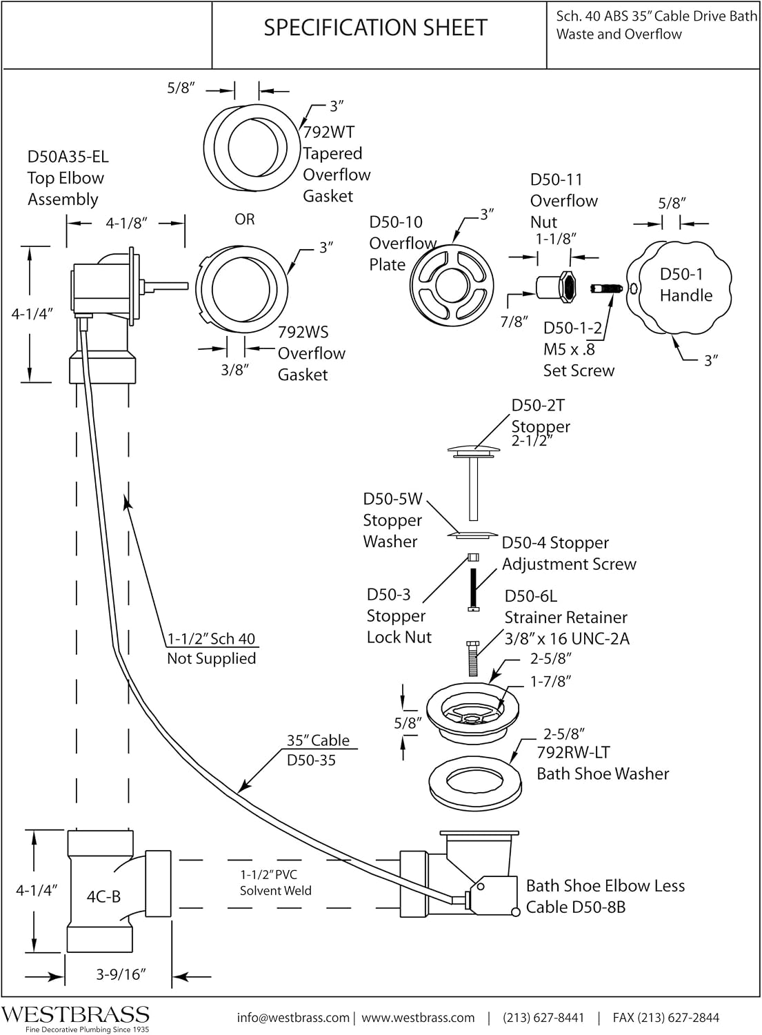 Westbrass A50A35-07 35' SCH. 40 ABS Cable Driven Bath Drain Trim Kit with Rotary Overflow Cover Knob and Pop-Up Stopper, Satin Nickel