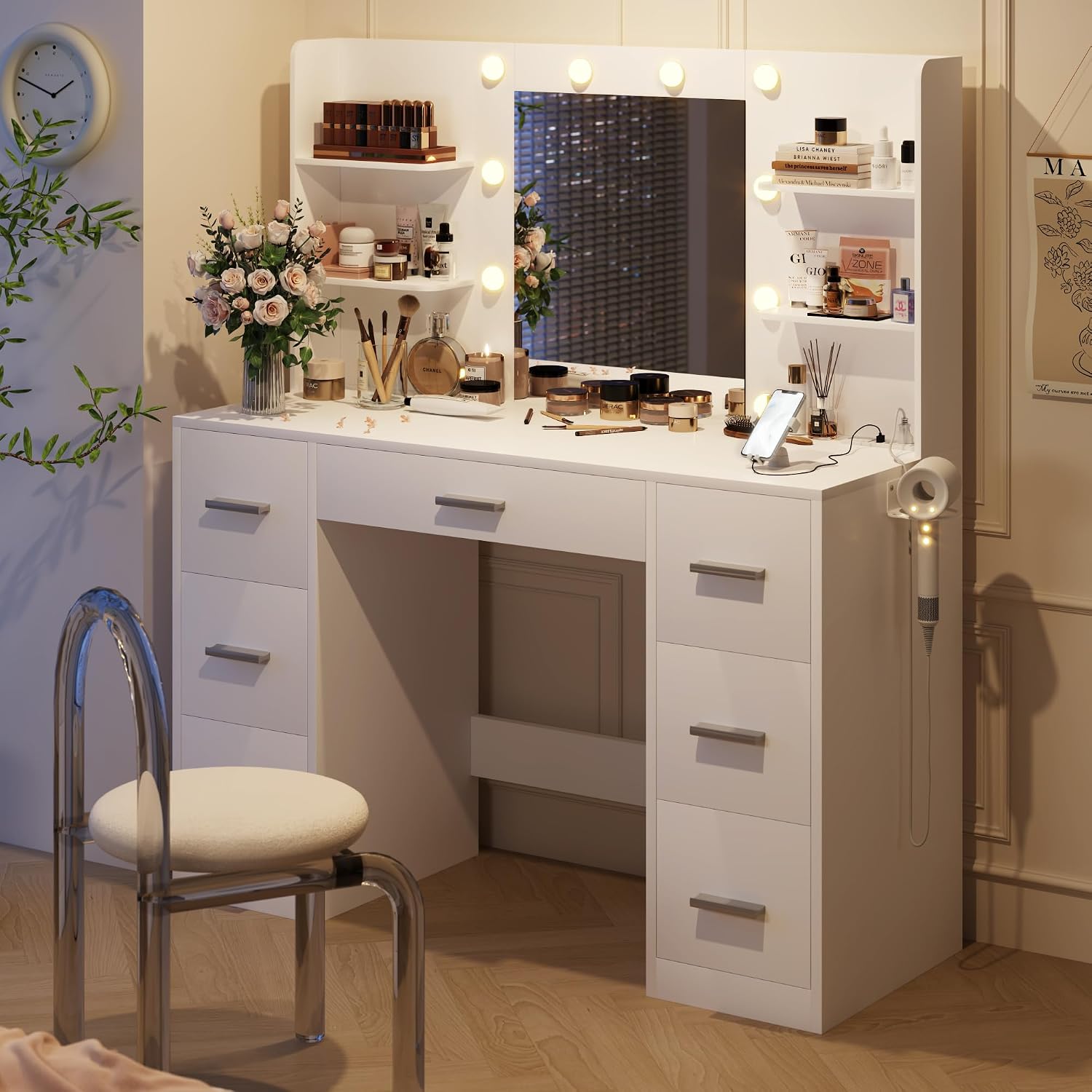 YESHOMY Vanity Desk with Mirror, Power Outlet and 10 Lights, Makeup Table with 7 Drawers, 3 Color Modes Available for Bedroom, Pure White