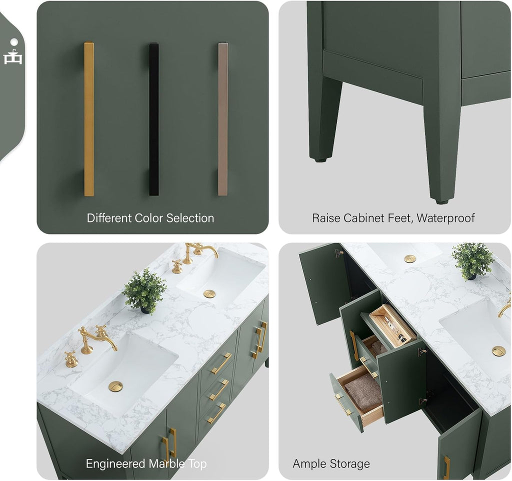 Vanity Art 60 inch Bathroom Vanity with Double Sink & Ceramic Top, Vanity Cabinet with Soft-Closing Doors, Drawers, Solid Wood Frame, Vintage Green, VA9060-DVG-BN1