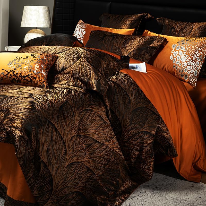 100% Long Staple Cotton Luxury 6-Piece Set, Elegant Black and Gold Satin Bedding Set, 3D Embroidered Jacquard, Quilt Cover，Sheet+2 Pillowcases and 2 Cushion Covers (Black Gold,Full)