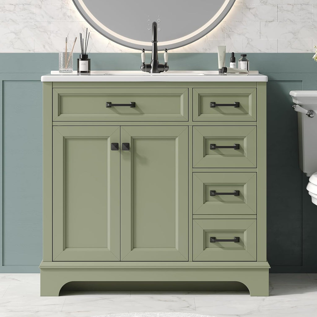 ONBRILL 36' Luxurious Bathroom Vanity with Ceramic Sink, Modern Freestanding Bathroom Single Sink Vanities Cabinet with 2 Soft Closing Doors & 2 Drawers, Adjustable Shelf & Paint Surface (Green)