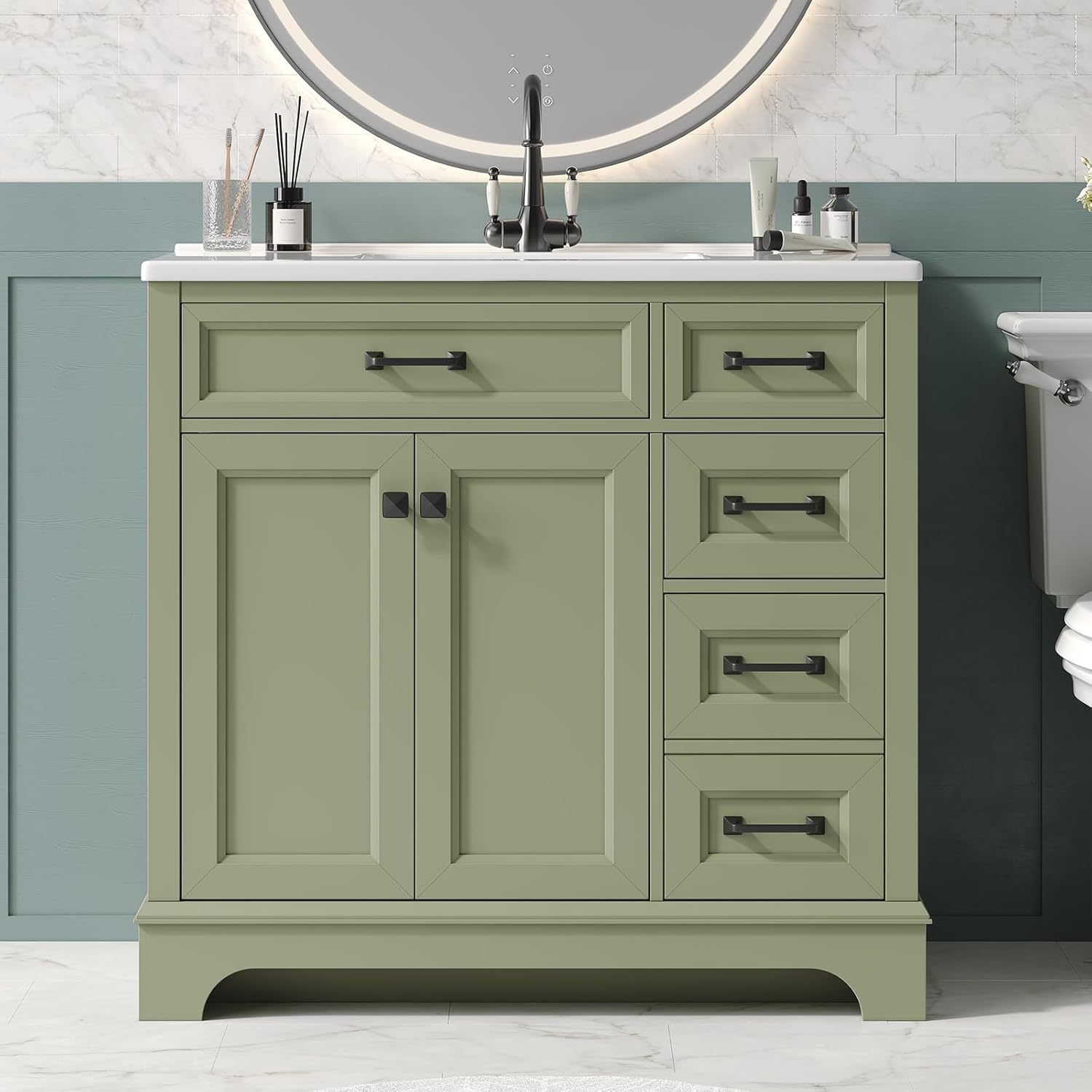 ONBRILL 36' Luxurious Bathroom Vanity with Ceramic Sink, Modern Freestanding Bathroom Single Sink Vanities Cabinet with 2 Soft Closing Doors & 2 Drawers, Adjustable Shelf & Paint Surface (Green)
