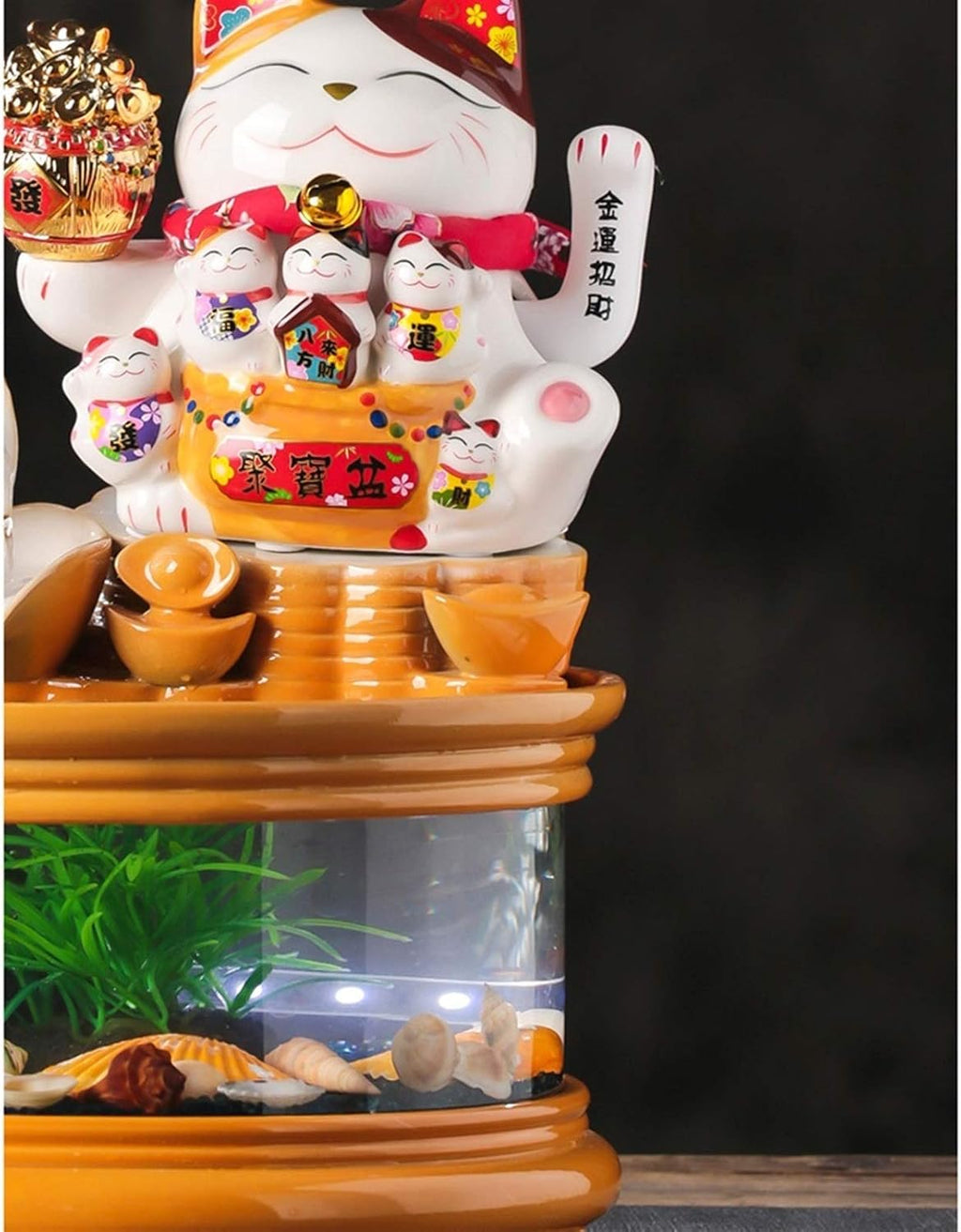 Fountain Waterfall Glass Fish Tank with Lucky Cat, Indoor Ceramic Cascading Decorative Fountain for Home Office Tabletop Indoor Relax, Christmas Ideas