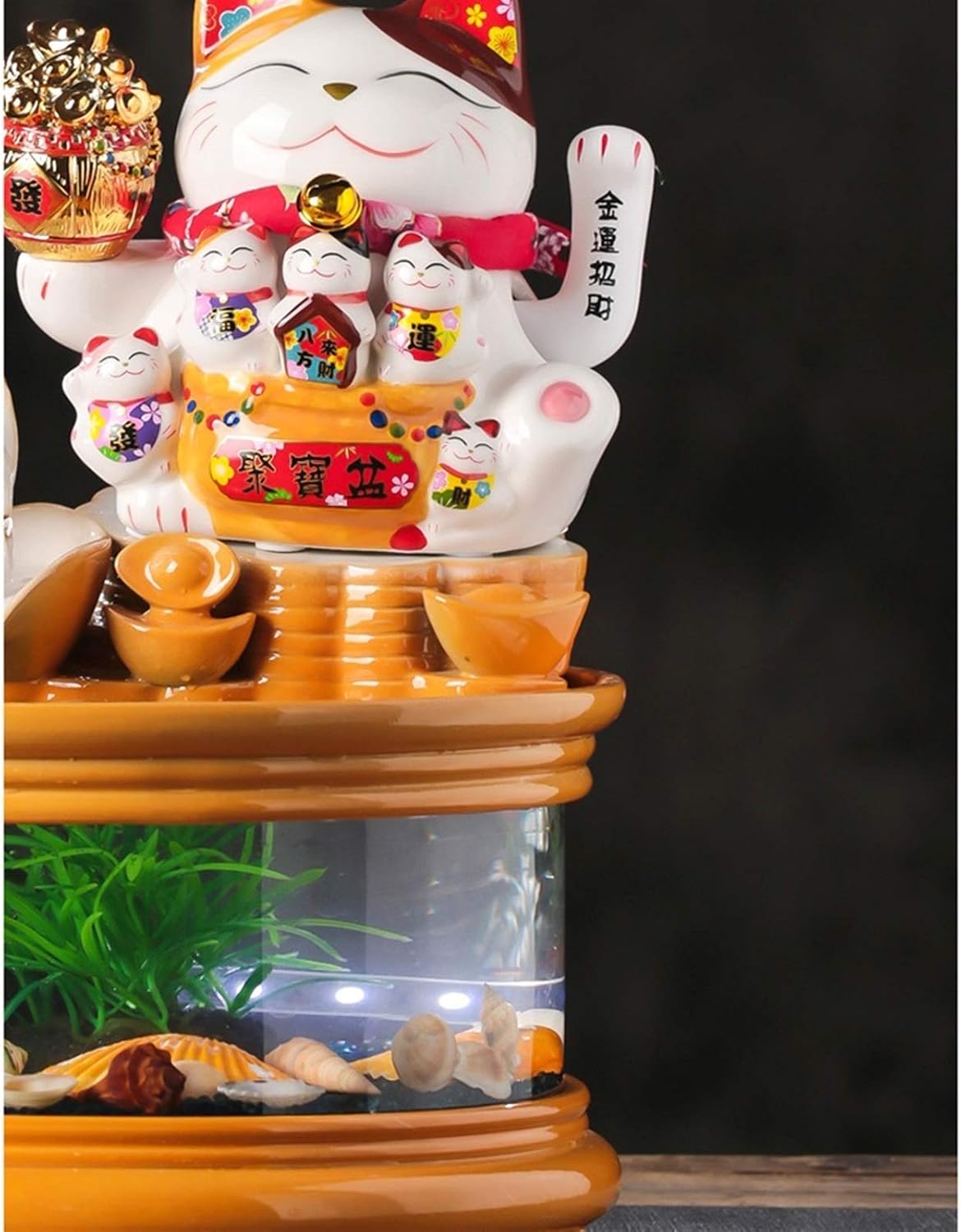 Fountain Waterfall Glass Fish Tank with Lucky Cat, Indoor Ceramic Cascading Decorative Fountain for Home Office Tabletop Indoor Relax, Christmas Ideas