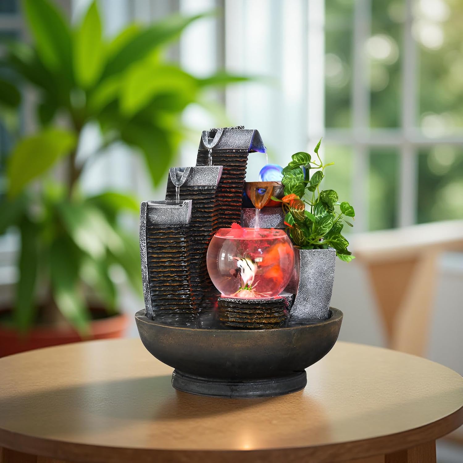 16.93' Indoor Tabletop Fountain with LED Fish Tank, Lighted Crystal Ball & Free 10 Natural Crystals – Water Feature for Home, Office, Entryway & Housewarming Gift (Fish Tank)