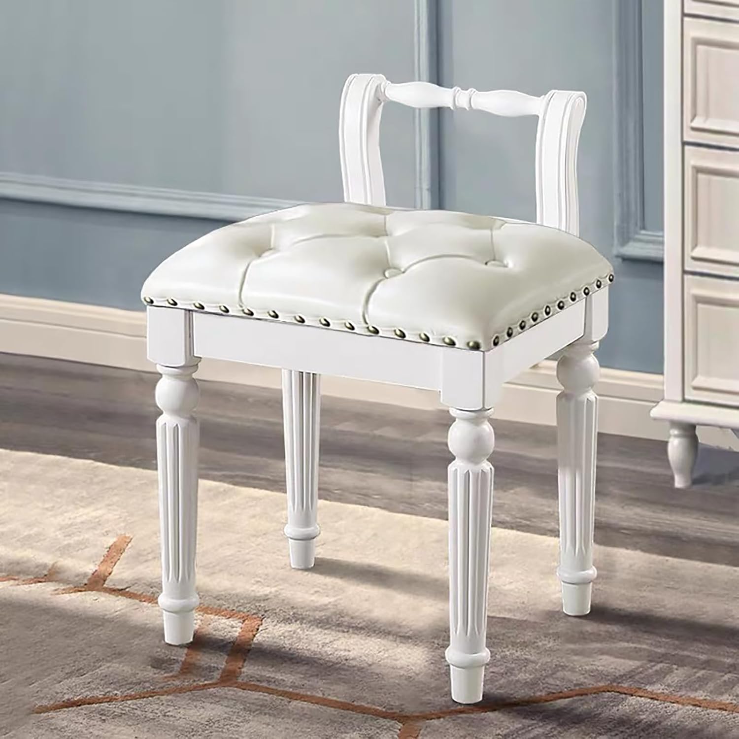 Low Back Vanity Bench Stool with Padded Cushion, Leather Retro Makeup Stool, Solid Wood Carving Legs, Piano Bench for Makeup Room, Bedroom, Living Room (White + White)