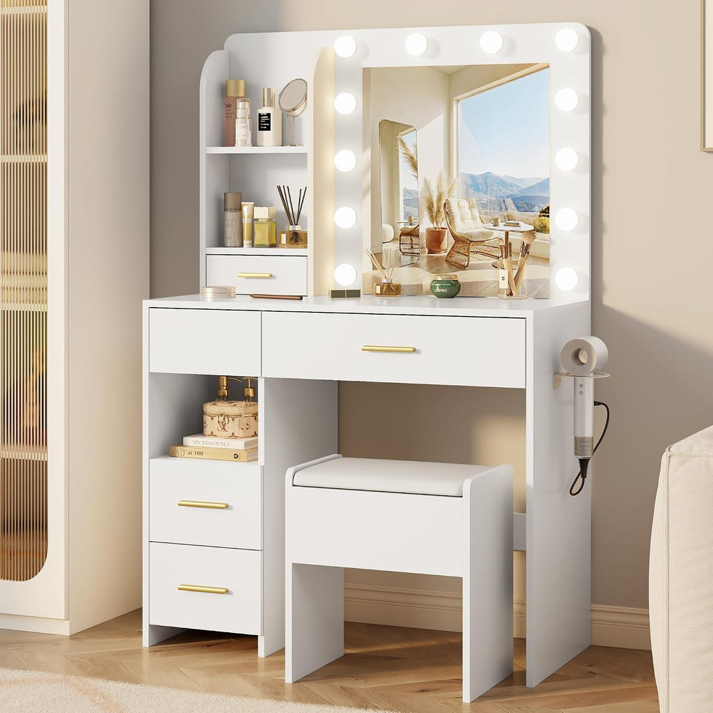 Otterease Vanity Desk with LED Lighted Mirror&Power Outlet, 3 Lighting Colors Makeup Vanity Desk with 5 Large Drawers and 3 Storage Shelves, White Vanity with Storage Stool for Bedroom