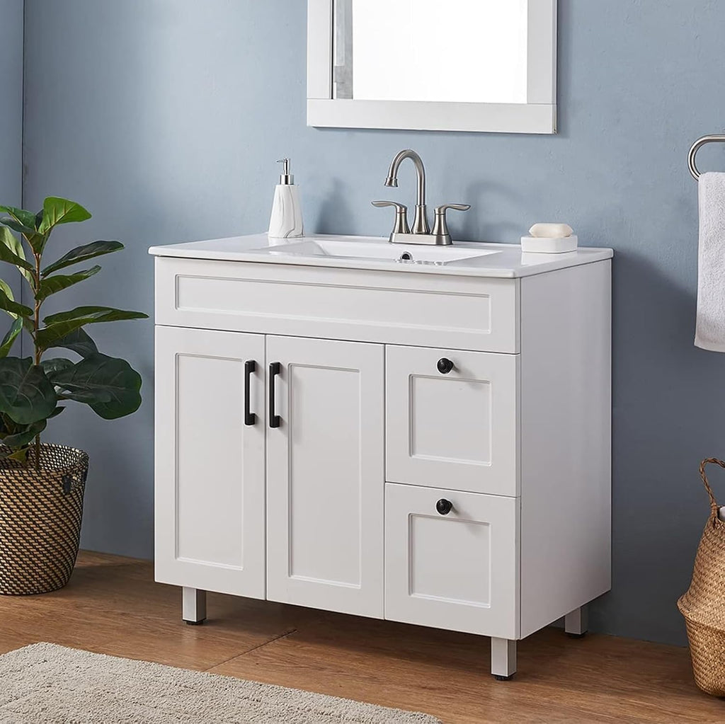 36 Inch White Freestanding Bathroom Vanity with Ceramic Sink Combo, Modern Storage Vanity with 2 Soft-Closing Doors & 2 Drawers, Ideal for Medium-Sized Bathrooms
