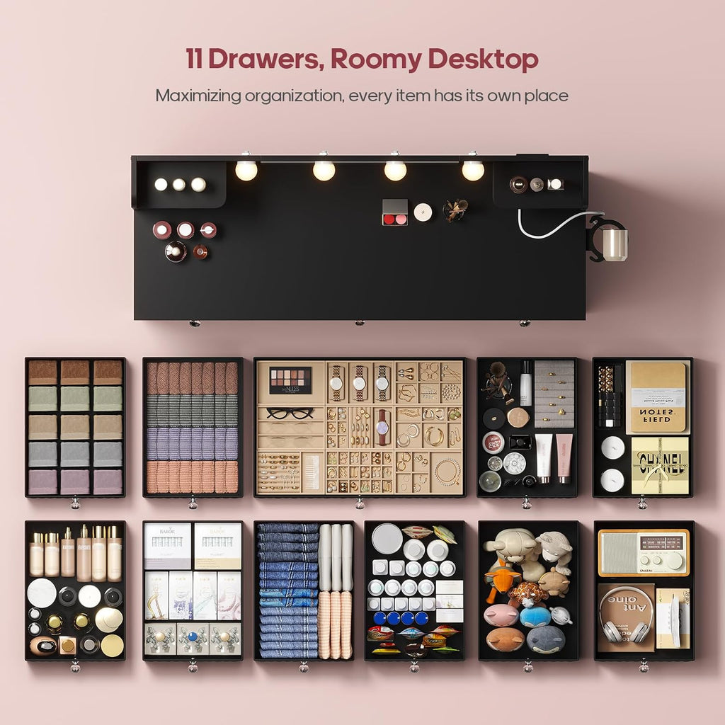 HAUOMS Vanity with Lights and Mirror, 11 Drawer Makeup Vanity with Power Strip, 6 Open Shelves, 43.3' Vanity Desk with Storage, Dressing Table with 3 Color Modes for Bedroom, Women, Girls, Black