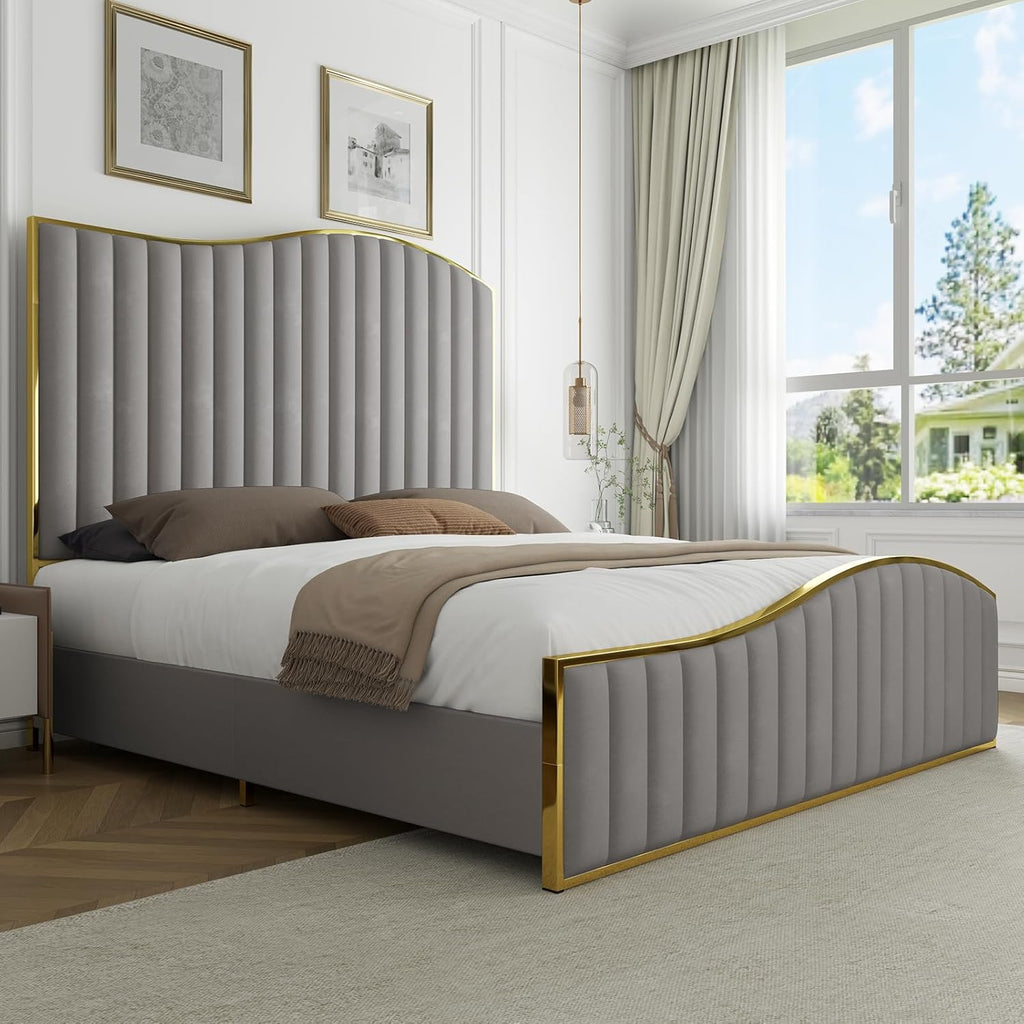 HOWE King Size Harp Bed Frame with 61.4' Extra Tall Curved Headboard, Velvet Upholstered Platform Bed with Gold Trim Accented Footboard, No Box Spring Needed, Wooden Slat Support, Light Grey
