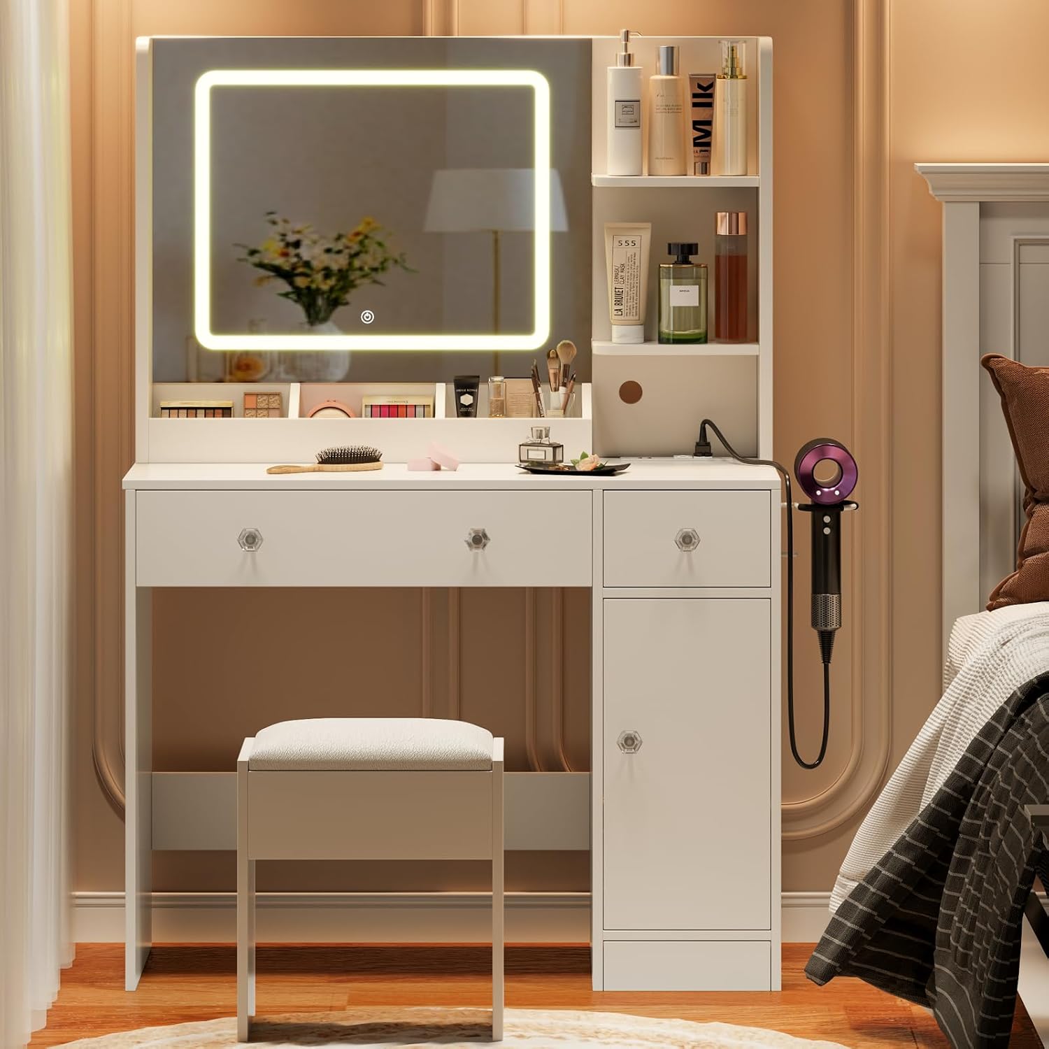 Makeup Vanity Desk with Mirror and Lights,Vanity Set with Mirror and Stool and Lights 3 Color,White Vanity Desk with Drawers,Make Up Table with Power Outlet,Dressing Table with Cabinet,Storage Shelves