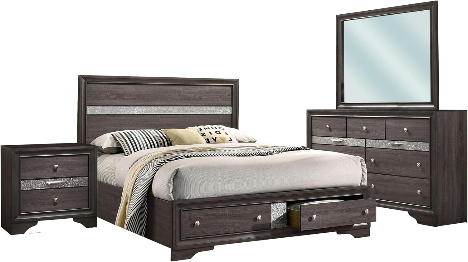 Benjara ISY Four PC Queen Size Bedroom Set-Silver Accent Knobs-Contemporary Gray
