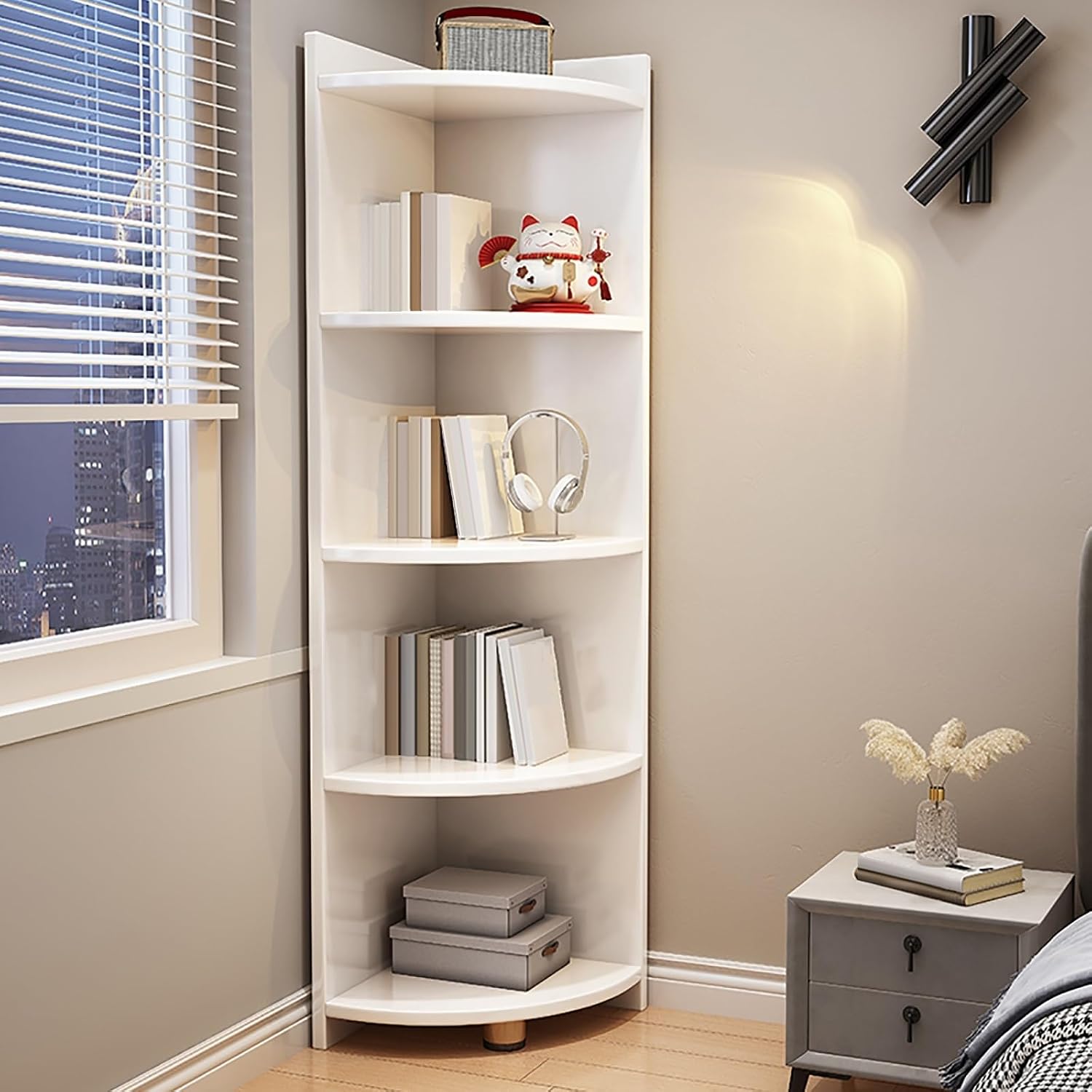 Curved Corner Storage Shelf, 4/5 Tier Wood Corner Bookshelf, Tall Freestanding Bookcase, Small Corner Shelf Counter Organizer Rack, Corner Table for Countertop Bathroom ( Color : White , Size : 4 tier