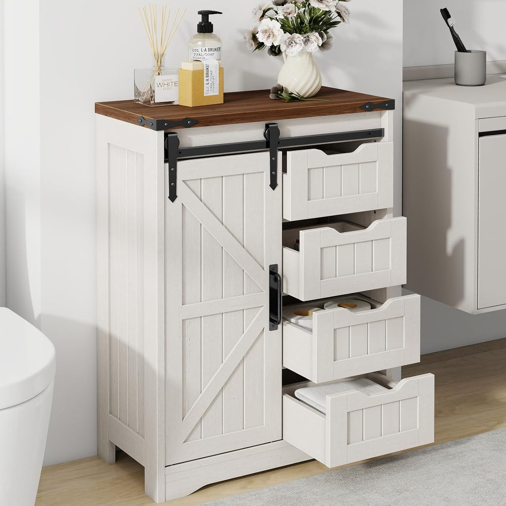Halitaa Farmhouse Bathroom Floor Storage Cabinet with 4 Drawers, Bathroom Cabinet with Sliding Door, Rustic Storage Organizer for Kitchen, Living Room, Rustic Style, White