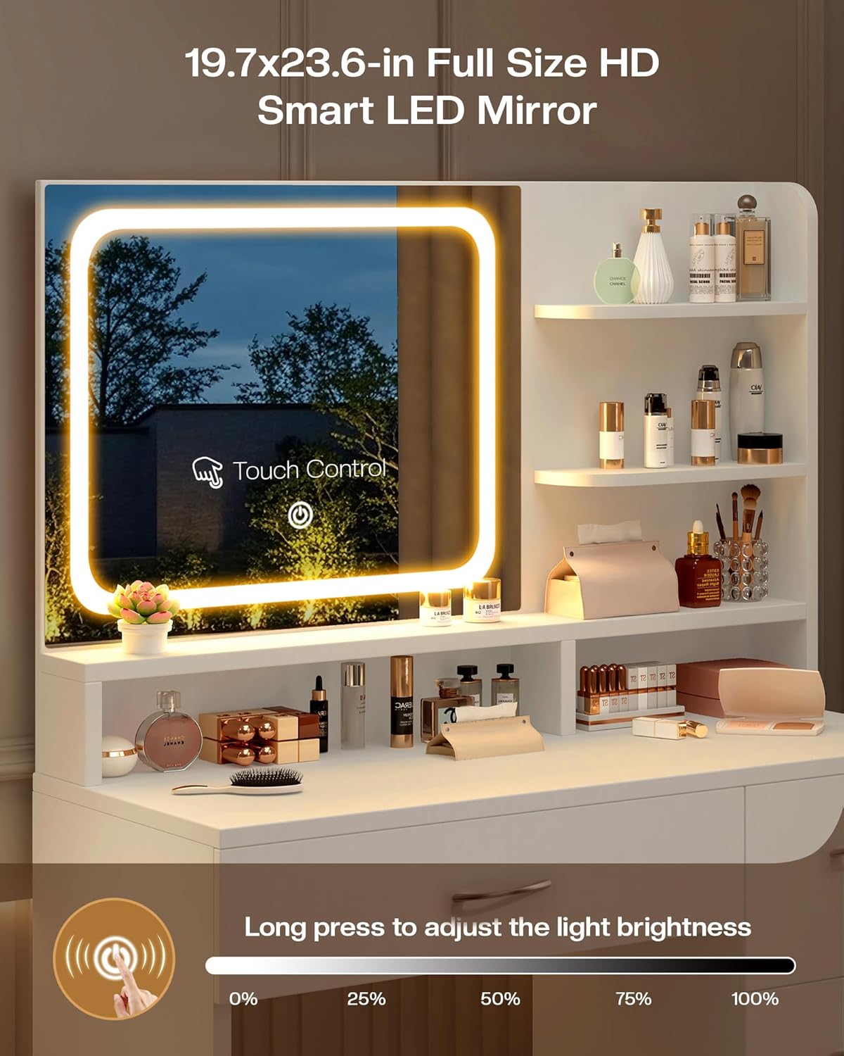 LIVELYGLOW Makeup Vanity Desk with Smart LED Mirror & Charging Station, 34.1' White Vanity Table Set with Cushioned Stool, 4 Drawers & Hairdryer Rack, Modern Bedroom Dressing Table-White