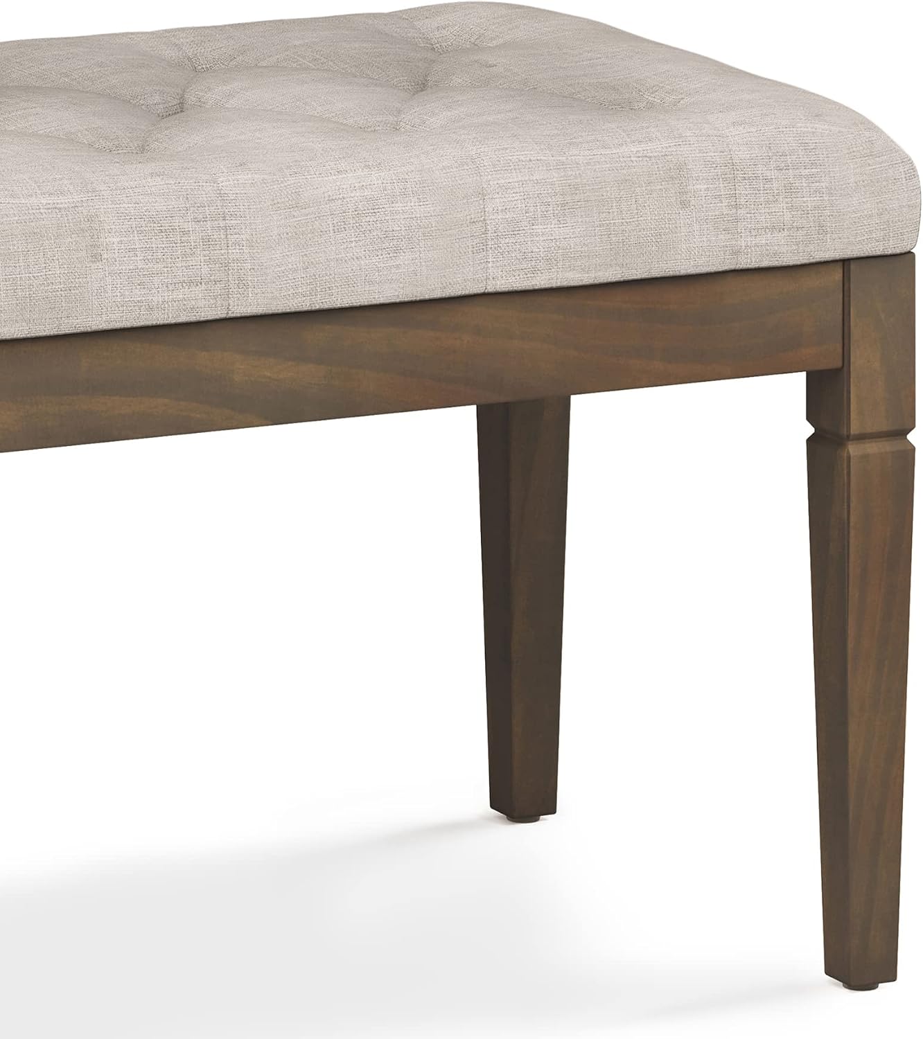 SIMPLIHOME Waverly Small Tufted Ottoman Bench - 28 inch Wide Upholstered Linen Look Fabric Rectangle Footstool Ottoman in Natural, Traditional Bench for Bedroom or Living Room with Carved Legs