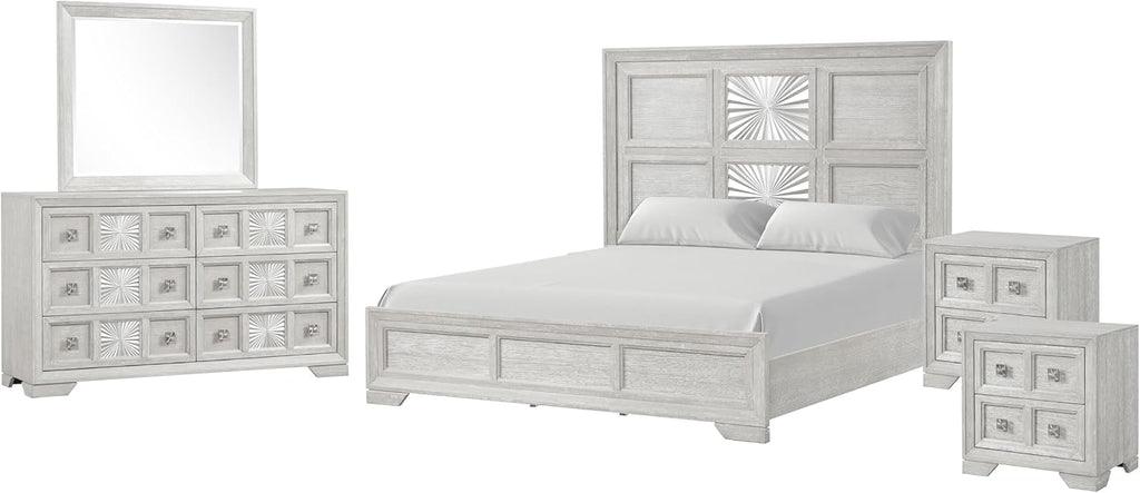 Furniture of America Narella Modern Wood 5-Piece Bedroom Set with Sunburst Pattern, Nickel Brushed Wire Hardware, Felt-Lined Top Drawers, Bracketed Feet, Box Spring Needed, King, Light Gray