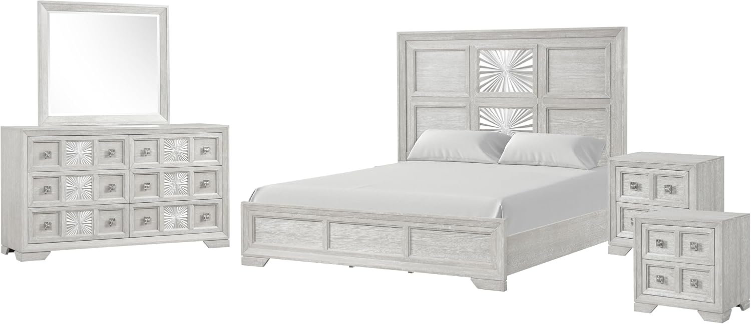 Furniture of America Narella Modern Wood 5-Piece Bedroom Set with Sunburst Pattern, Nickel Brushed Wire Hardware, Felt-Lined Top Drawers, Bracketed Feet, Box Spring Needed, King, Light Gray
