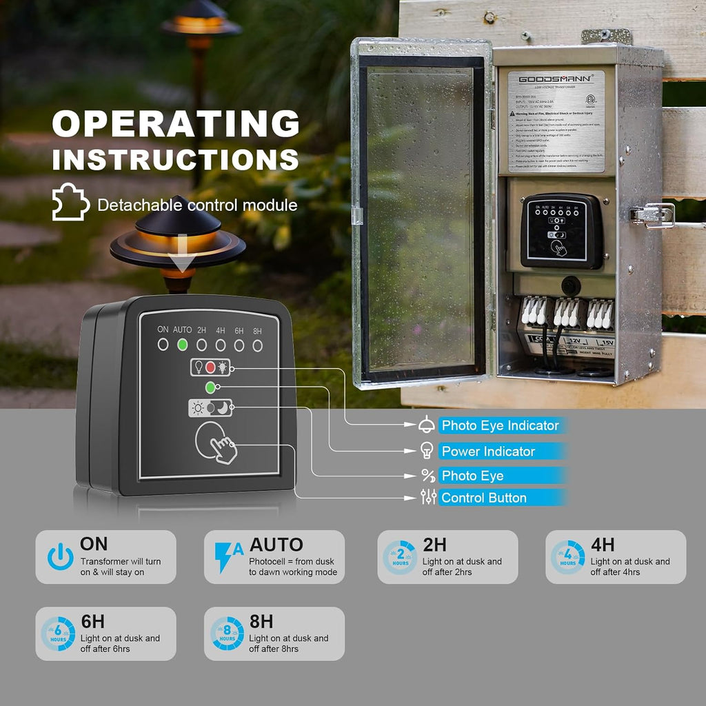 GOODSMANN Low Voltage Transformer 300W Replaceable Mode Panel 120V AC to 12V or 15V AC Multi Tap Stainless Steel Outdoor Landscape Lighting Transformer Weatherproof with Photocell Sensor