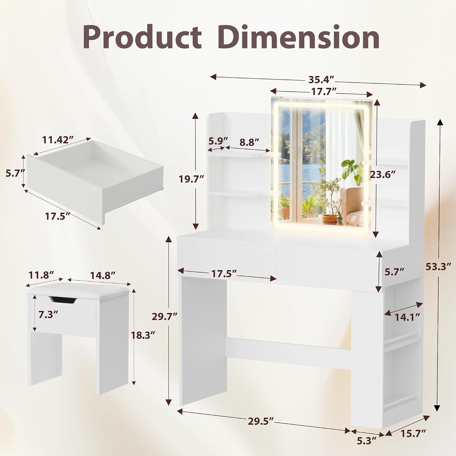 Furmax Vanity Desk with Mirror and LED Lights, Makeup Vanity Table with 3 Lighting Color, Adjustable Brightness, Vanity Table with 2 Drawers, Side Storage, for Bedroom (White, with Bench)