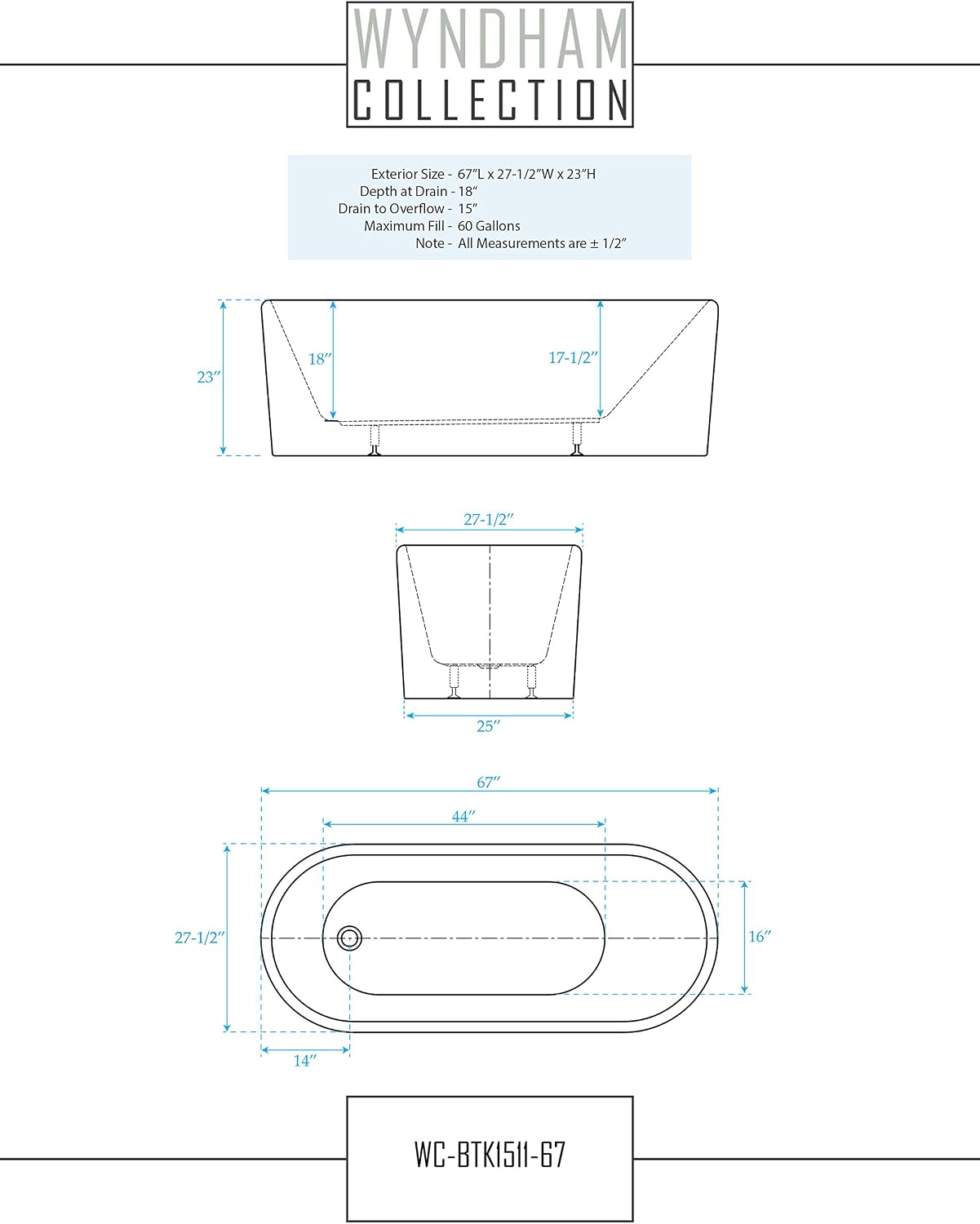 Ursula 67 inch Freestanding Bathtub in White with Polished Chrome Drain and Overflow Trim