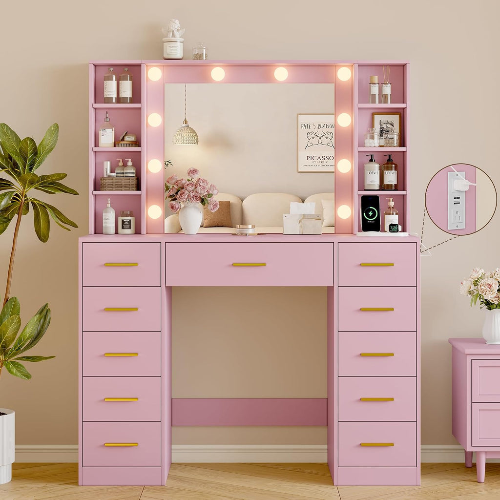 Wodeer Makeup Vanity with Drawers, 43' Pink Vanity Desk with Mirror and Lights, 11 Drawers & 4 Shelves, Power Outlet & Adjustable LED Lights, Dressing Table for Women & Girls Bedroom