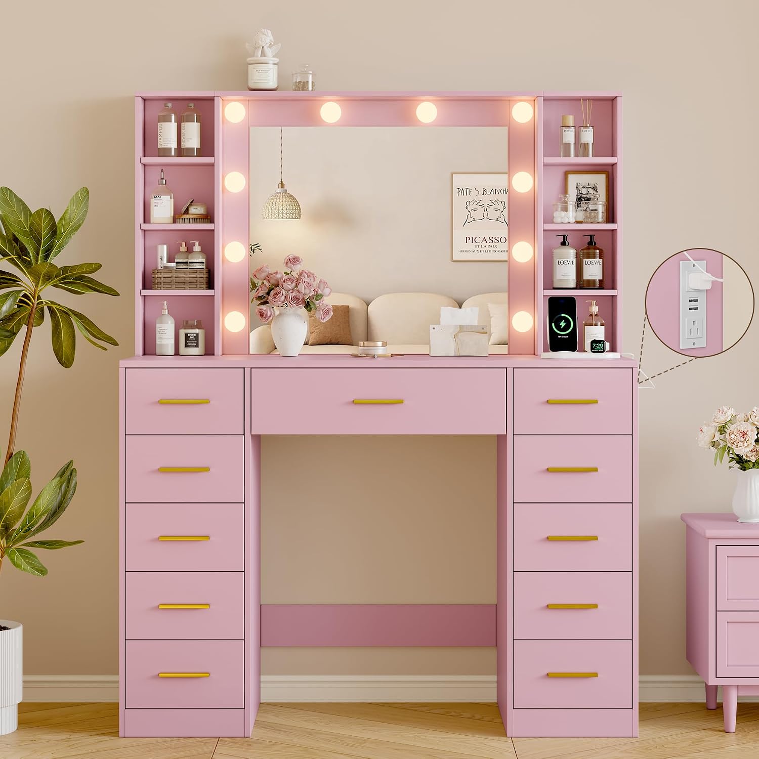 Wodeer Makeup Vanity with Drawers, 43' Pink Vanity Desk with Mirror and Lights, 11 Drawers & 4 Shelves, Power Outlet & Adjustable LED Lights, Dressing Table for Women & Girls Bedroom