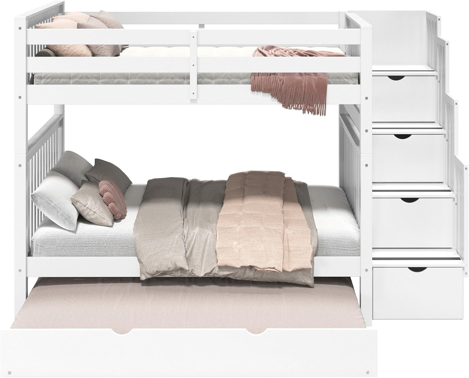 Bedz King Stairway Bunk Beds Full Over Full, 4 Step Drawers, Full Trundle, White