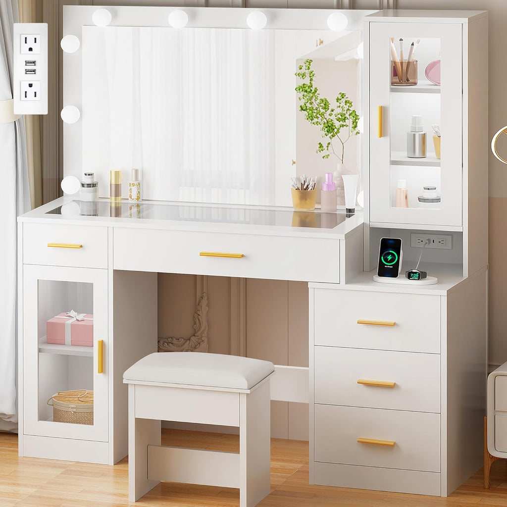 BEWISHOME 49.2' Large Vanity Desk with Mirror and Lights,White Makeup Vanity Table with Glass Top,Stool,Makeup Desk with Power Outlet,5 Drawers,Nightstand,Dressing Table for Bedroom Women FST34W