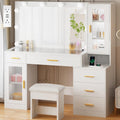 BEWISHOME 49.2' Large Vanity Desk with Mirror and Lights,White Makeup Vanity Table with Glass Top,Stool,Makeup Desk with Power Outlet,5 Drawers,Nightstand,Dressing Table for Bedroom Women FST34W