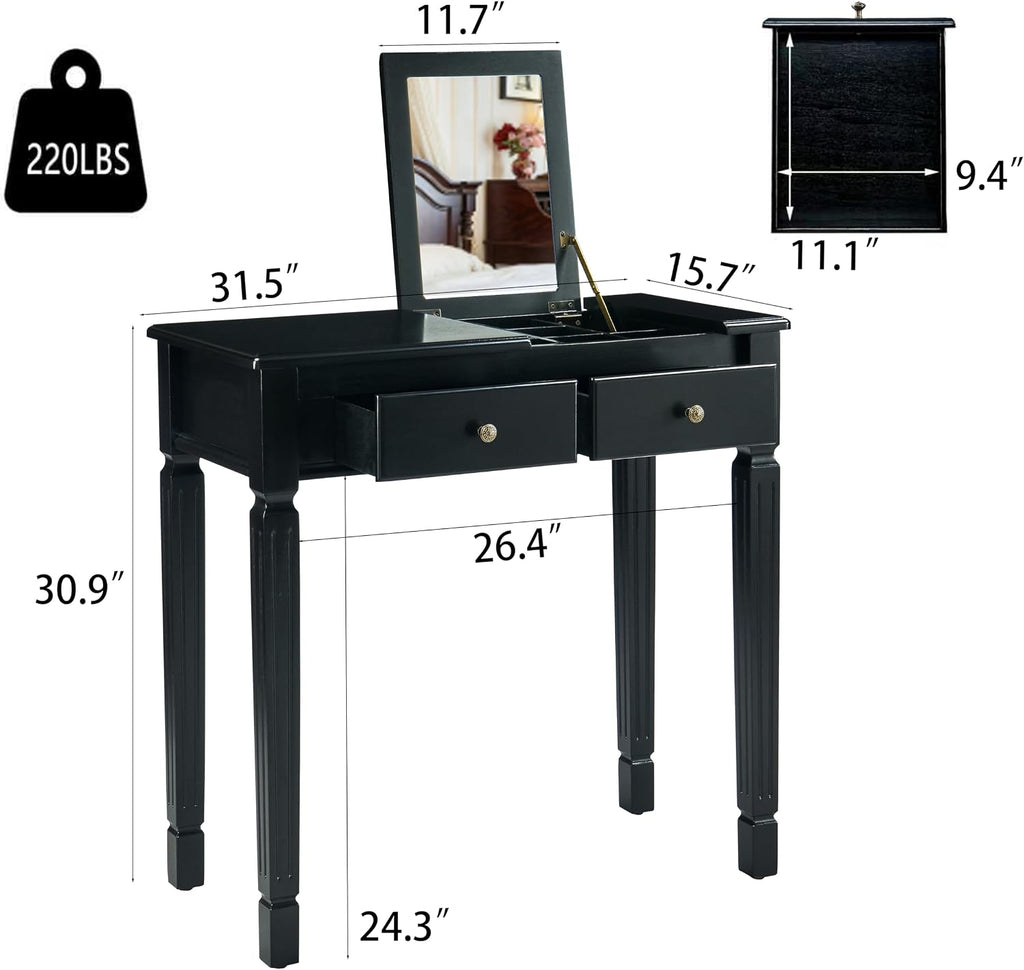 Small Makeup Vanity Desk Table with Flip-Top Mirror and Hidden Storage Compartments, Wood Computer Writing Desk with 2 Drawers, Easy Assembly Dressing Table for Bedroom Black SZT-D0036-BK
