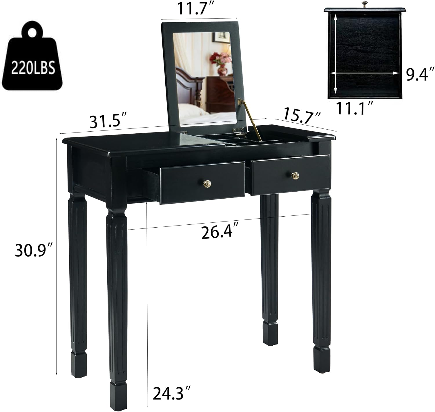 Small Makeup Vanity Desk Table with Flip-Top Mirror and Hidden Storage Compartments, Wood Computer Writing Desk with 2 Drawers, Easy Assembly Dressing Table for Bedroom Black SZT-D0036-BK