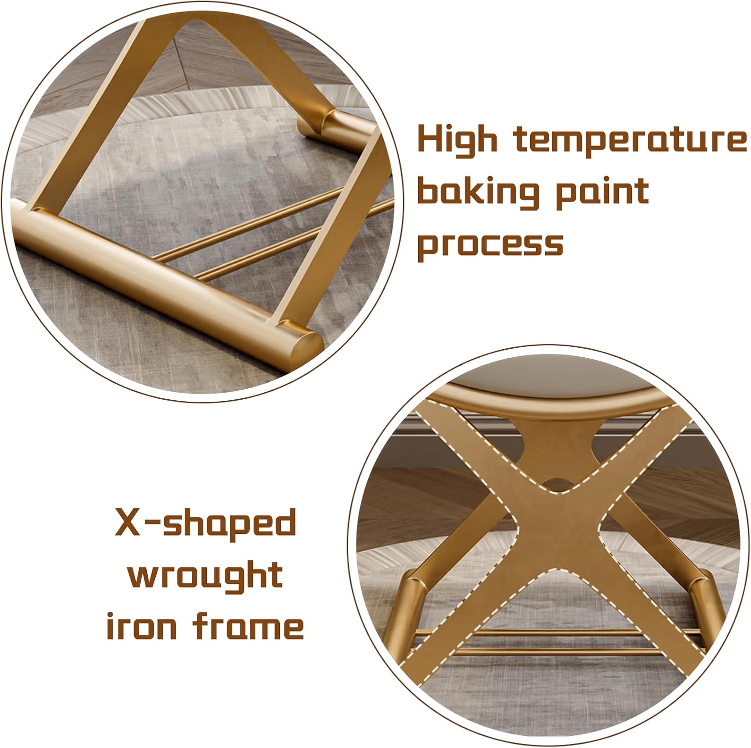 Modern Vanity Stool - Gold Leather Makeup Chair with X-Legs, Backless Ottoman Bench for Bathroom, Living Room & Bedroom Decor