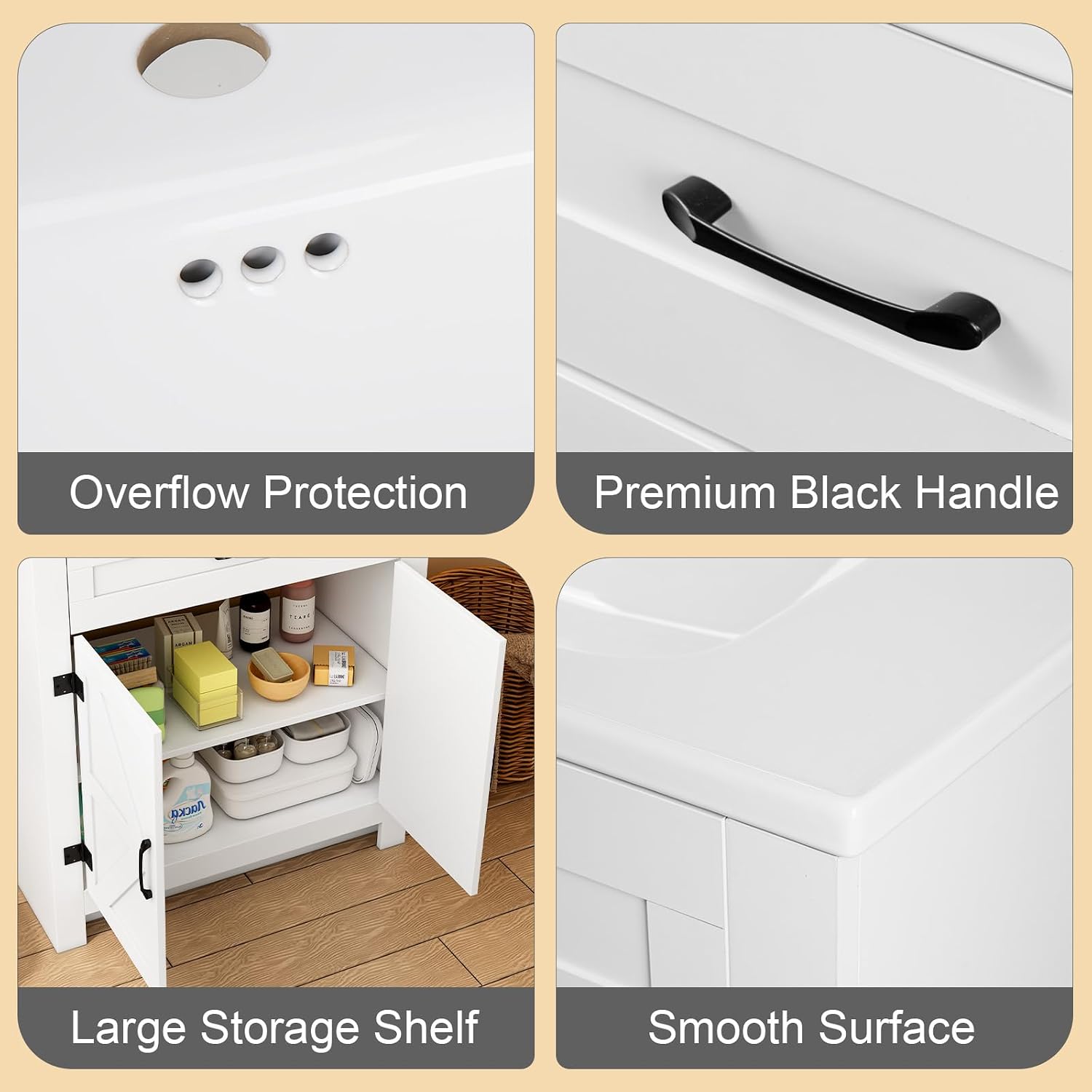 Bathroom Vanity, 24' Bathroom Vanity with Ceramic Sink, Farmhouse Bathroom Vanity Cabinet for Small Space, Freestanding Storage Cabinet with Shelf, 2 Doors, Easy Assembly