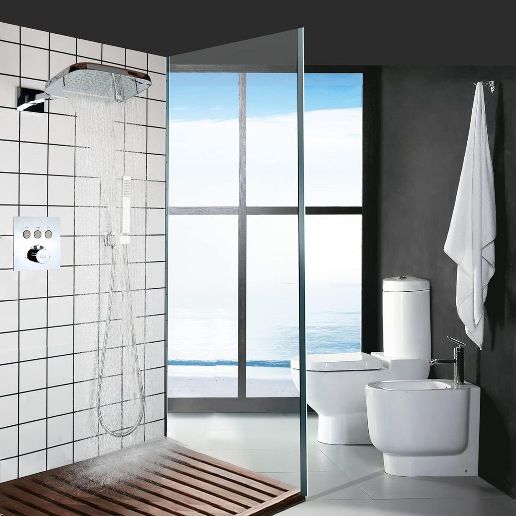 Chrome Thermostatic Shower System Fixture Set With Waterfall Rain Shower Head and Handheld (Can Use All Options at A Time)