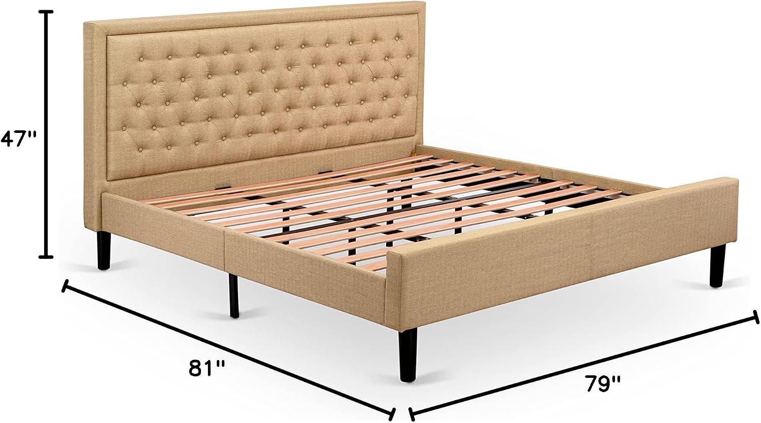 East West Furniture KDF-16-K Platform King Size Bed - Dark Khaki Linen Fabric Upholstered Bed Headboard with Button Tufted Trim Design - Black Legs
