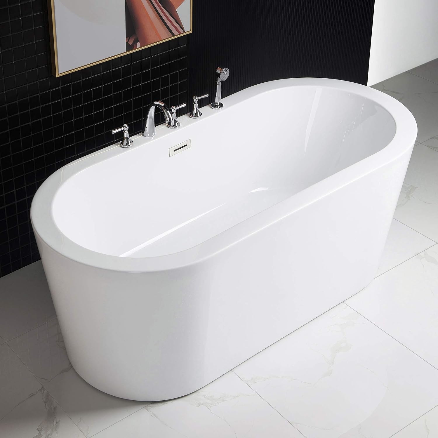 WOODBRIDGE 59' Acrylic Freestanding Bathtub Contemporary Soaking White Tub with Brushed Nickel Overflow and Drain，B0012 -B/N-Drain &O