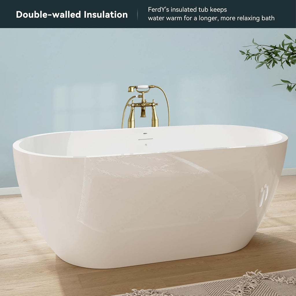 FerdY Bali 59' Acrylic Freestanding Bathtub, Gracefully Shaped Freestanding Soaking Bathtub with Brushed Nickel Drain & Minimalist Linear Design Overflow, Glossy White, cUPC Certified