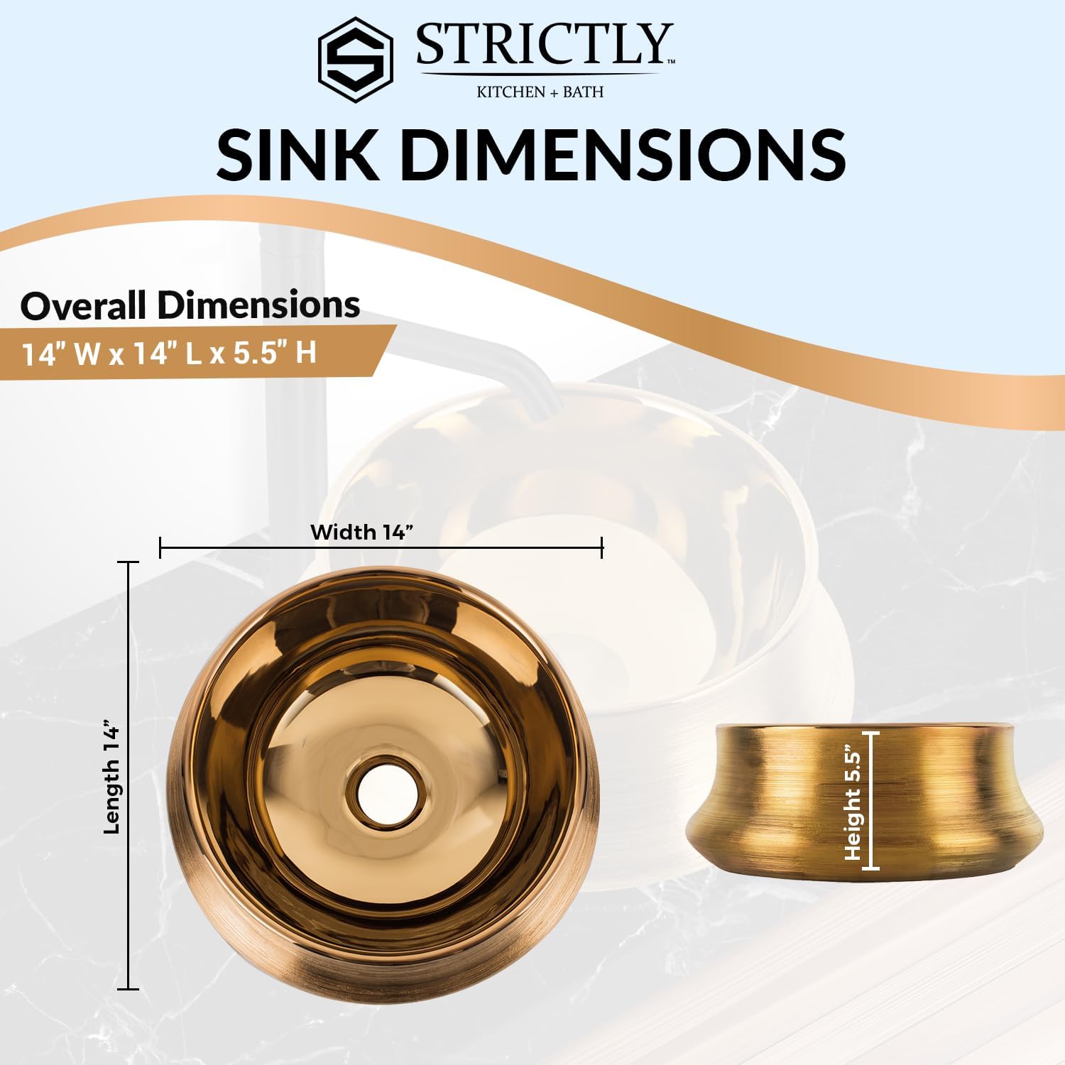 Strictly Sinks 14 Inch Bathroom Vessel Sink – Glossy Gold Ceramic Countertop Bathroom Sink – Easy to Install Above Counter Luxurious Vessel Sink for Bathroom (14″ W x 14″ L x 5-1/2″ H)