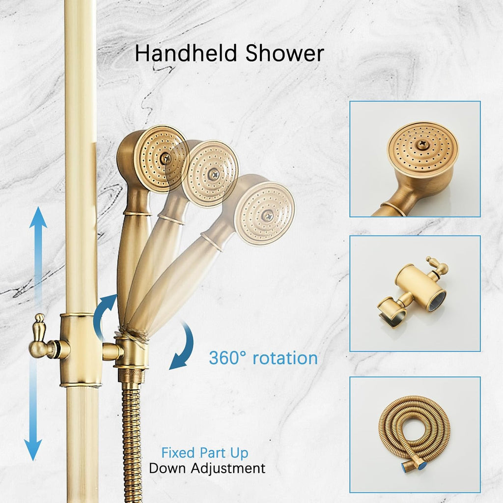 Antique Brass Shower System Bathroom Shower Faucet Set with 8 Inch Rainfall Shower Head Handheld Spray 2 Cross Handles Wall Mounted Outdoor Shower Fixtures Solid Brass
